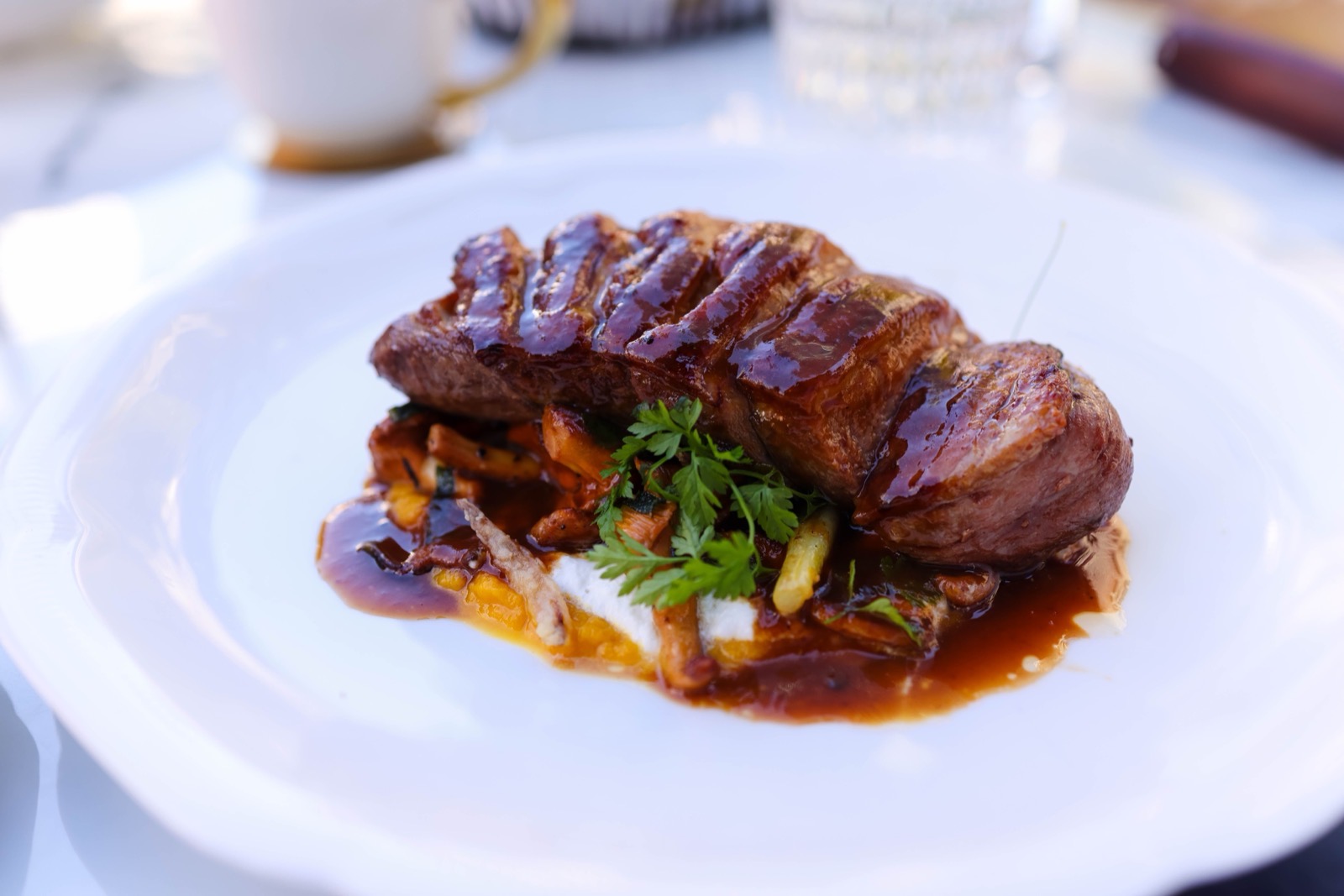 stekt andebryst med plommesaus på en tallerken